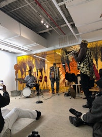 Marshall Allen from Sun Ra Arkestra performing at Lorenzo Pace's solo exhibition.