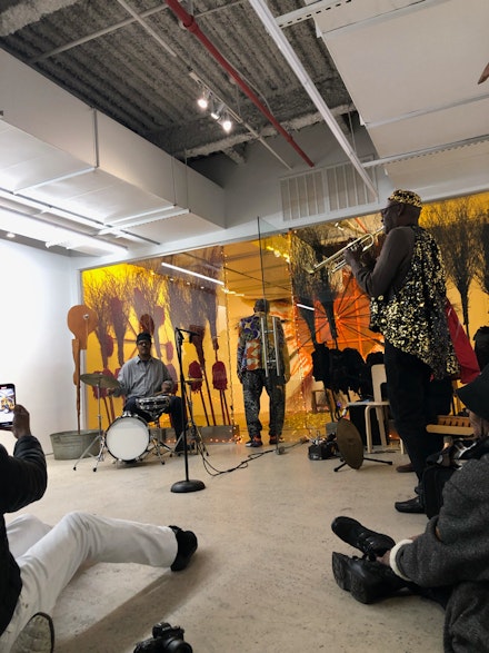 Marshall Allen from Sun Ra Arkestra performing at Lorenzo Pace's solo exhibition.