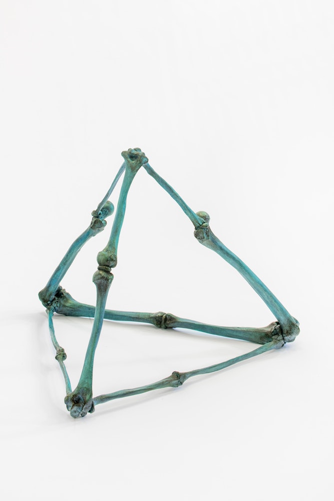 Jean-Luc Mouléne, <em>Pyramid’os</em>, 2020. Bronze, green patina, 21 1/4 x 30 3/8 x 25 5/8 inches. Courtesy Miguel Abreu Gallery. Photo: Stephen Faught. 