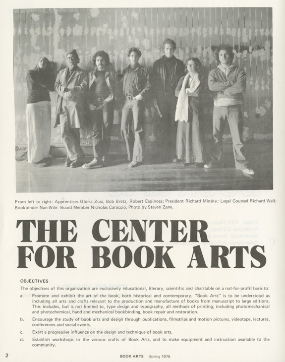 Center for Book Arts Mission Statement, 1975, Book Arts 1, no. 1 (Spring 1975), Center for Book Arts Reference Collection, New York.