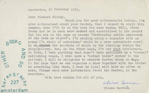 Letter from Ulises Carrión to Richard Minsky, Feb 12, 1976, Center for Book Arts Archives Collection, New York.