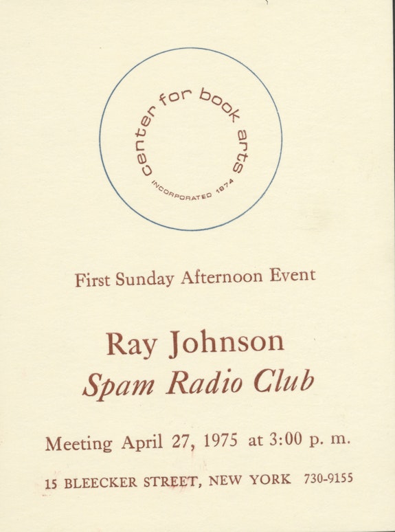 Ray Johnson, First Sunday Afternoon Event, Spam Radio Club, April 27, 1975, Announcement card, Center for Book Arts Archives Collection, New York.