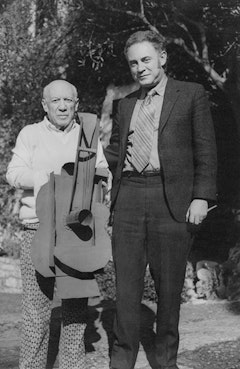 Picasso and William Rubin, February 15, 1971, Mougins, France, on the day when Picasso gave his sheet metal Guitar, 1914, to the Museum of Modern Art.  Photo courtesy Dr. Phyllis Hattis Rubin.  Photo: Jacqueline Picasso.