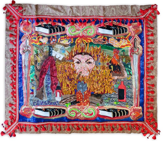 Myrlande Constant, <em>Tout Ko Feray Se Dife</em>, 2022. Beads, sequins, and tassels on fabric. 56.5 × 65 inches. ©Myrlande Constant. Courtesy of the artist and Fort Gansevoort, New York.