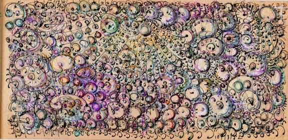 Jordan Belson, <em>Peacock Book drawing</em>, 1952. Pastel and ink on paper.  5¾ × 12⅞ inches. Courtesy Matthew Marks Gallery.