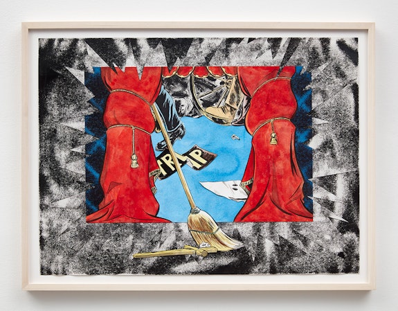 Mark Thomas Gibson, <em>The Show Goes On</em>, 2022. Etching and collage on paper, 22 x 30 inches. © Mark Thomas Gibson, courtesy Sikkema Jenkins & Co., New York. Photo: Jason Wyche.