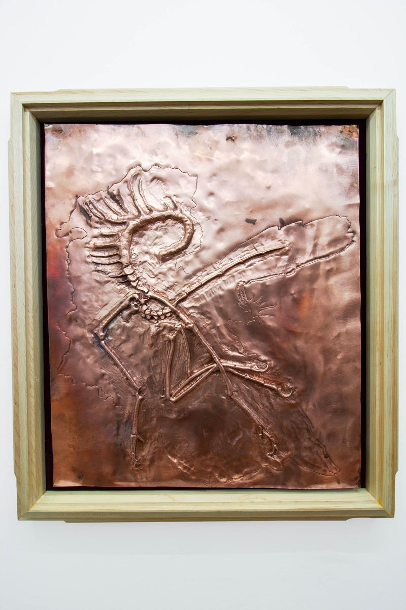 Justin Cloud, <em>Elf (no. 11)</em>, 2023. Copper, flocking, maple artist frames, 26 x 23 inches. Courtesy Below Grand.