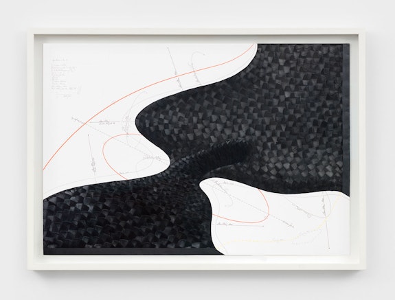 Jorinde Voigt, <em>Synchronicity (1)</em>, 2015. Ink, feathers, chalk, pencil on board, 24 3/4 x 35 7/8 inches. Courtesy David Nolan Gallery.