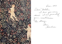 Madeline Gilmore, photo of postcard from Museum of Fine Arts Boston showing <em>Mille Fleurs with Putti </em>(detail), ca. 1600. Wool and silk tapestry. Courtesy the author. 