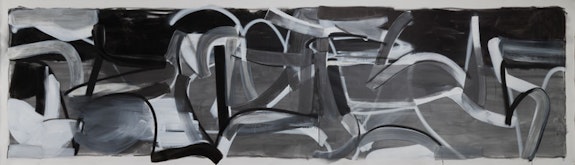 Liliane Tomasko, <em>Summoning Grays</em>, 2022. Acrylic and acrylic spray on unstretched linen, 85 3/4 x 288 1/4 inches. Courtesy the artist and Centro de Arte Caja de Burgos CAB.