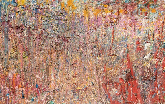 Larry Poons, <em>Peritheria</em>, 1993. Acrylic and mixed media on canvas. 85 x 138 inches. Adam Reich Photography. Courtesy Yares Art. Artworks by Larry Poons copyright 2023 Larry Poons. Licensed by VAGA at Artists Rights Society (ARS), New York.