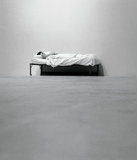 Chris Burden, <em>Bed Piece</em>, 1972. Video, black and white, sound, 3 minutes, 16 seconds, Edition 1/5 + 2 AP. Courtesy the artist and Gagosian, Park & 75.
