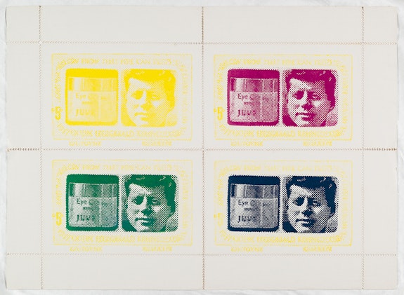 KP Brehmer, <em>Kennedy & Eyecream (Briefmarkenblock) [Block of stamps]</em>, 1967. Cliché print on cardboard, 39 1/2 x 54 1/2 inches. © The Estate of KP Brehmer. Courtesy of The Estate of KP Brehmer and Petzel, New York.
