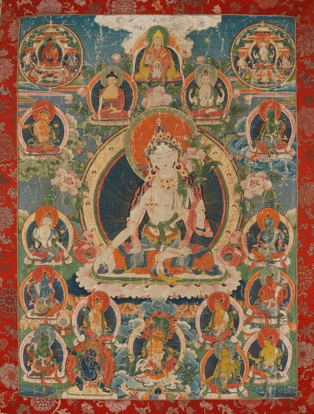 White Tara, late 19th-early 20th century. Pigments on cloth, 56 1/8 × 35 inches. Courtesy Rubin Museum of Art.
