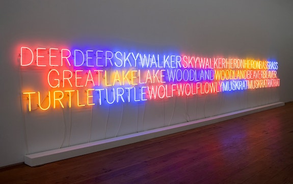 Marie Watt, <em>Shared Horizon (Eastern Door)</em>, 2023. Neon glass tubing, 28 x 317.75 in, edition 1 of 3, 1AP. Courtesy of the Artist and MARC STRAUS.