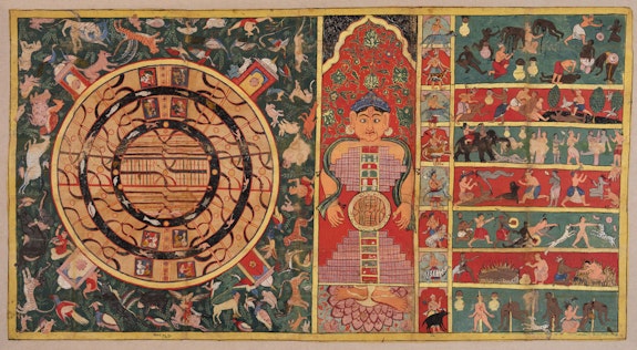 Adhai-dvipa, <em>The Two and a Half Continents, the Universe in the Shape of a Person (Cosmic Man, Lokapurusha), and the Seven Levels of Hell</em>, India, Gujarat, Samvat 1670/1613. Ink, opaque watercolor, and gold on cloth. The Cleveland Museum of Art, Purchase and partial gift from the Catherine and Ralph Benkaim Collection; Severance and Greta Millikin Purchase Fund, 2018.201. Courtesy Asia Society Museum.