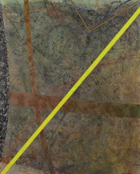 Pat Adams, <em>Naming</em>, 1978. Oil, isobutyl methacrylate, mica, egg shell, graphite, wax crayon and pastel on canvas, 76 x 61 inches. Courtesy Alexandre gallery. 