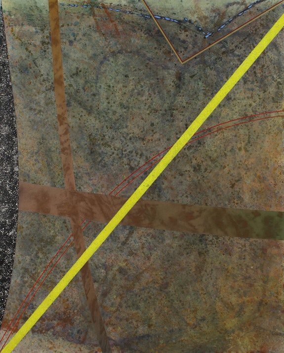 Pat Adams, <em>Naming</em>, 1978. Oil, isobutyl methacrylate, mica, egg shell, graphite, wax crayon and pastel on canvas, 76 x 61 inches. Courtesy Alexandre gallery. 