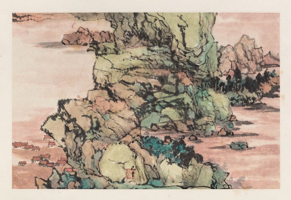 C. C. Wang, Leaf from <em>Splendid Views of Rivers and Mountains</em>, 1995–2001. Album in 19 parts, 16 painted leaves and 3 colophons; ink and color on paper, approximately 12 × 18 ½ inches each. Collection of Pao Yung Chao. © the Estate of C.C. Wang. Photo: Stan Narten.