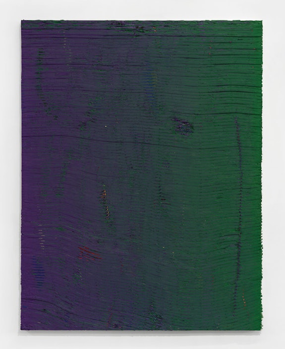 Loriel Beltrán, <em>Green Purple</em>, 2022. Latex paint on panel, 75 x 58.25 x 2 inches. © Loriel Beltrán. Courtesy the artist and Lehmann Maupin, New York, Hong Kong, Seoul, and London and CENTRAL FINE, Miami Beach.