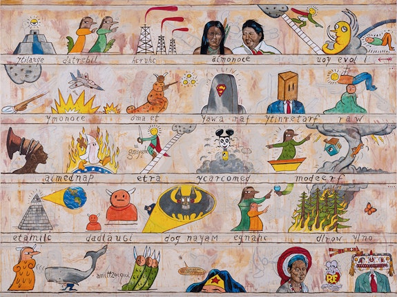 <p>Enrique Chagoya, <em>The New Codex Ytrebil</em>, 2023. Acrylic on handmade Amate paper mounted on canvas, 60 x 80 inches. Courtesy George Adams Gallery.</p>