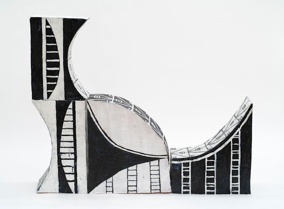 Elisabeth Kley, <em>Chacmool with Ladders</em>, 2022. Glazed earthenware, 47 1/2 × 59 × 11 1/2 inches. Courtesy the artist and Canada Gallery.