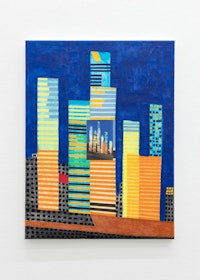 Michael Madrigali, <em>From the Expressway (Weird World 176)</em>, 2022. Acrylic, aqua crayon and laminated print on canvas, 16 x 12 inches. Courtesy MICKEY, Chicago.