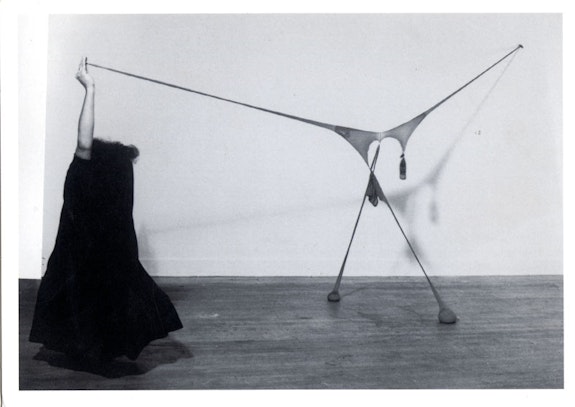 Senga Nengudi, <em>Studio performance with R.S.V.P.</em>, 1976. Silver gelatin print, 29 × 40 inches. Courtesy Sprüth Magers and Thomas Erben Gallery, New York. © Senga Nengudi, 2022. Photo: Ken Peterson.