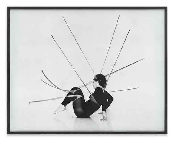 Maren Hassinger activating Senga Nengudi’s<em> R.S.V.P.</em> at Pearl C. Wood Gallery, Los Angeles, 1977. Courtesy Sprüth Magers and Thomas Erben Gallery, New York. © Senga Nengudi, 2022. Photo: Harmon Outlaw.