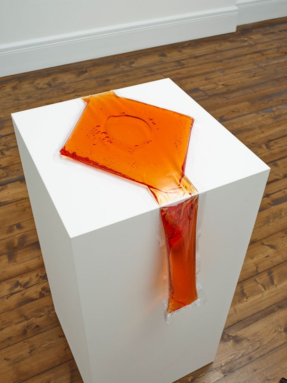 Senga Nengudi, <em>Water Composition (orange)</em>, 1969–70/2018. Heat sealed vinyl, coloured water. 7/8 × 38 1/8 × 15 3/4 inches. Courtesy Sprüth Magers and Thomas Erben Gallery, New York. © Senga Nengudi, 2022. Photo: Stephen White.