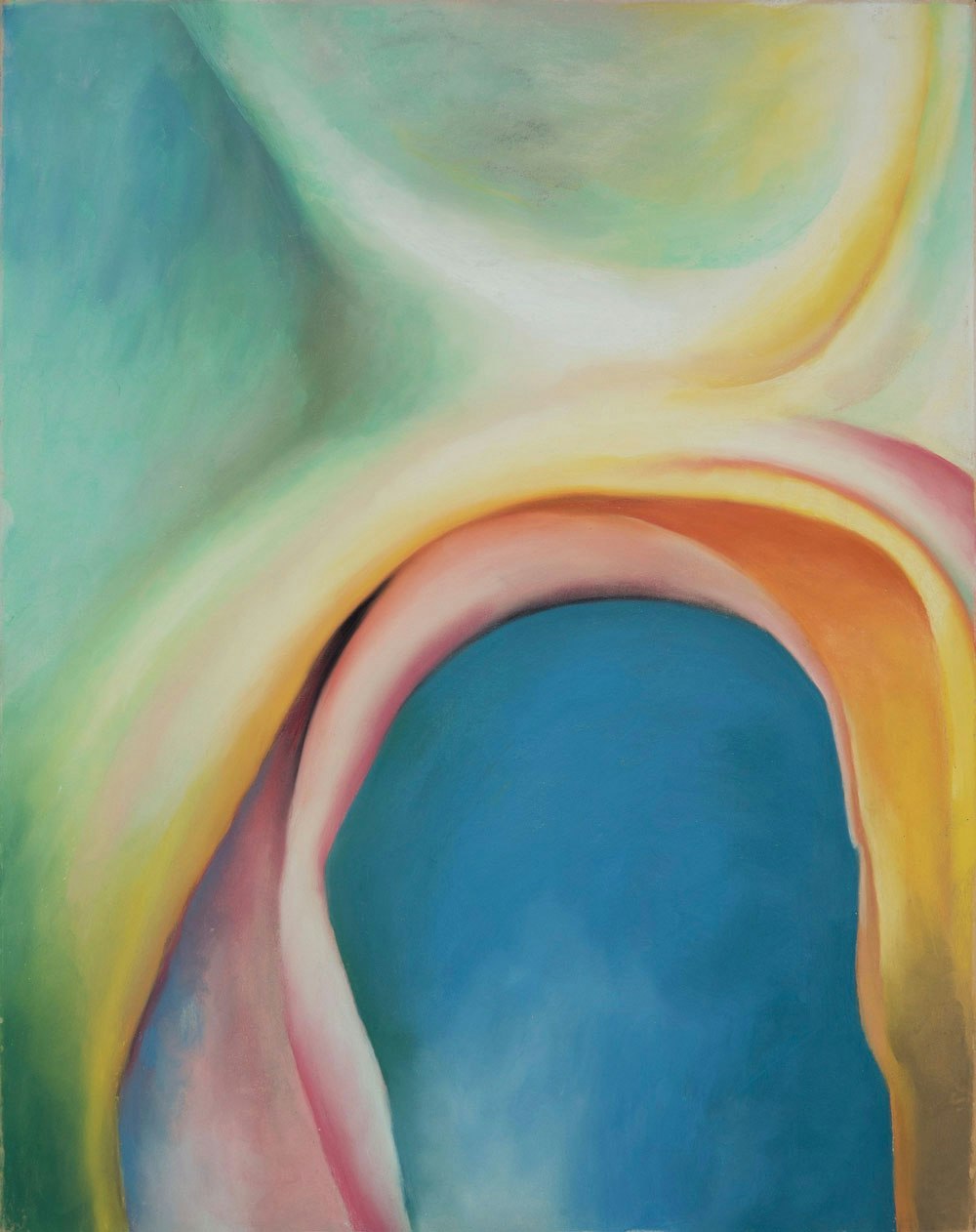 Georgia O’Keeffe, <em>Over Blue</em>, 1918. Pastel on paper, 28 × 22 inches. Memorial Art Gallery of the University of Rochester. Bequest of Anne G. Whitman. © 2023 Georgia O’Keeffe Museum / Artists Rights Society (ARS), New York.