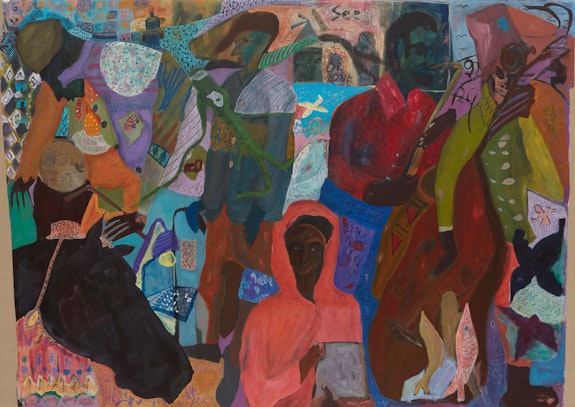 Ficre Ghebreyesus, <em>Five Figures with Horse Head</em>, 1999. Acrylic on burlap, 66 1/4 x 93 1/2 inches. © The Estate of Ficre Ghebreyesus. Courtesy Galerie Lelong & Co.