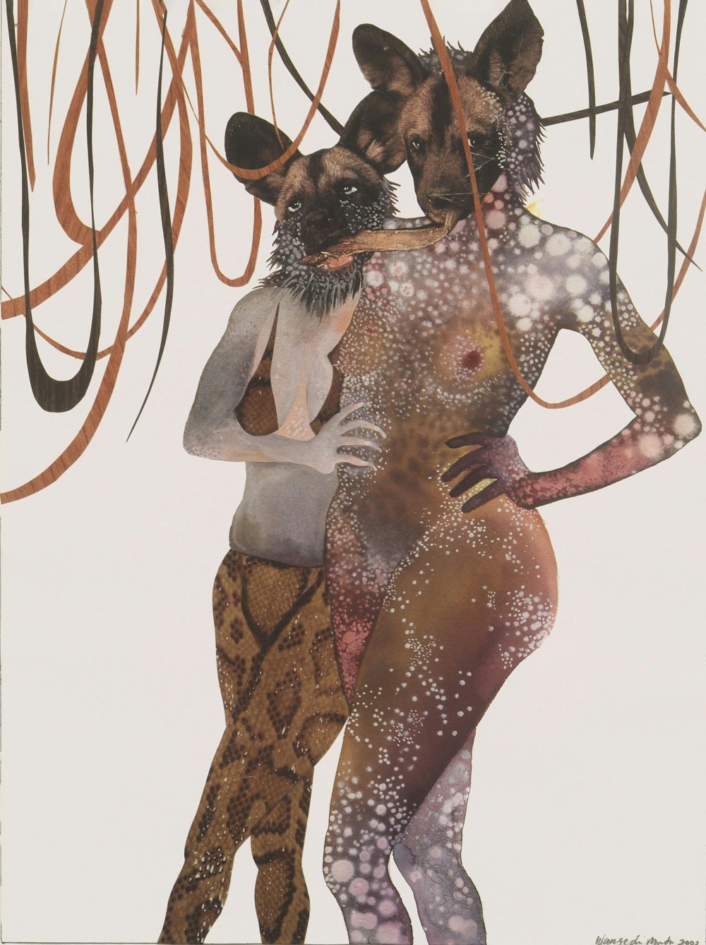 Wangechi Mutu,<em> Intertwined</em>, 2003. Watercolor with collage on paper, 16 1/8 × 12 1/8 inches. Minneapolis Institute of Art. Gift of Mary and Bob Mersky. Courtesy the artist and Gladstone Gallery.