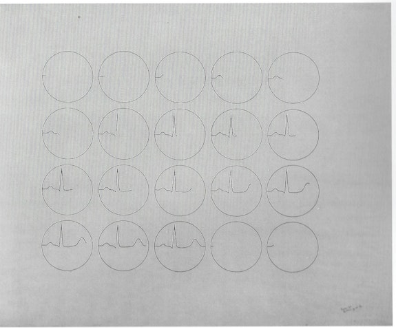 Brian O'Doherty, <em>Study for Second Portrait of Marcel Duchamp, lead 1, mounting increments</em>, 1967. Ink on paper, 23 x 29 inches.