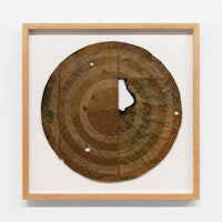 Kern Samuel, <em>Together Again</em>, 2021–23. Turmeric, paprika on paper mounted to fabric, pieced together with stitching, 23 x 23 inches. Courtesy Derosia, New York.