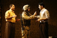 Waleed F. Zuaiter, Jeremy Beck and Sevan Greene in a scene from George Packer's <i>Betrayed</i>, being presented by Culture Project.  Credit: Carol Rosegg