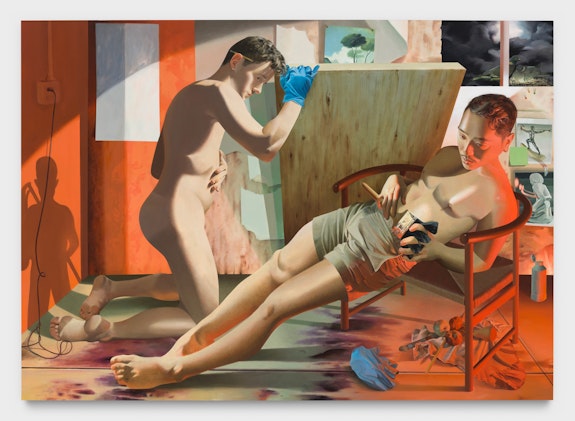 Kyle Dunn, <em>Basement Studio</em>, 2022. Acrylic on wood panel, 50 x 70 inches. Courtesy the artist and P·P·O·W.