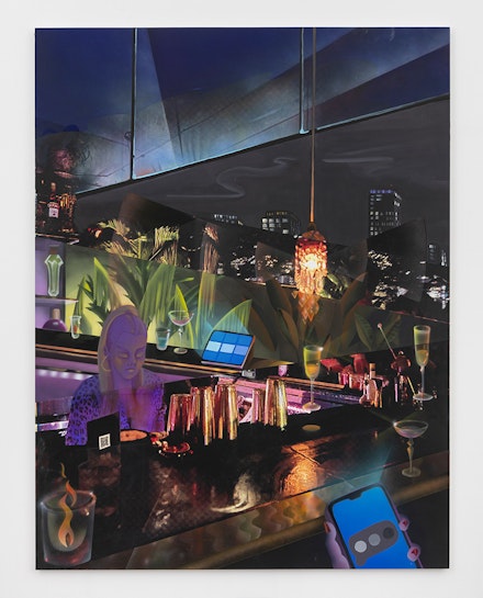 Melissa Brown, <em>Where R U?</em>, 2023. Flashe, oil, acrylic on Dibond, 72 x 55 inches. Courtesy Derek Eller Gallery.