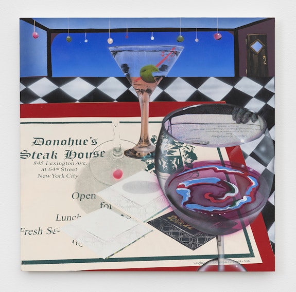 Melissa Brown, <em>Drink With Raven</em>, 2023. Flashe, oil, acrylic on Dibond, 23.5 x 23.5 inches. Courtesy Derek Eller Gallery.