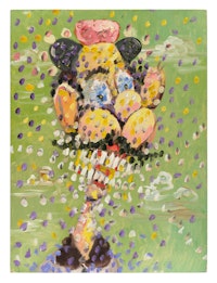 George Condo, <em>The Pointilist Pod</em>, 1996. Oil on board, 24 x 18 inches. Private collection. © 2023 George Condo / Artists Rights Society (ARS), New York.