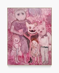 Ilya Fedotov-Fedorov, <em>A family portrait with an animal wearing a girl's mask and a wig</em>, 2022. Acrylic on canvas, 48 x 36 inches. Courtesy the artist and Fragment Gallery.