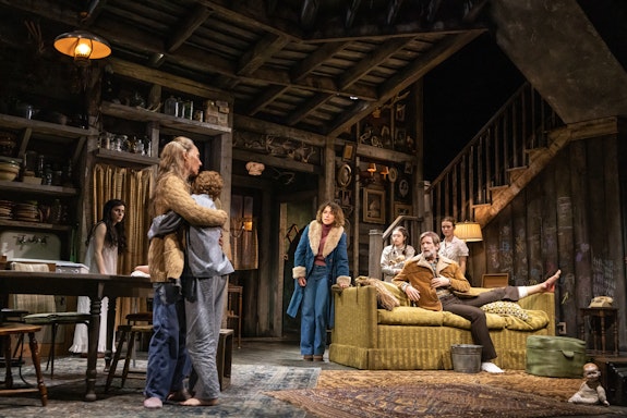 Sophia Anne Caruso, Laurie Metcalf, Eamon Patrick O’Connell, Tatiana Maslany, Alyssa Emily Marvin, Paul Sparks, and Millicent Simmonds in <em>Grey House</em>. Photo: MurphyMade.