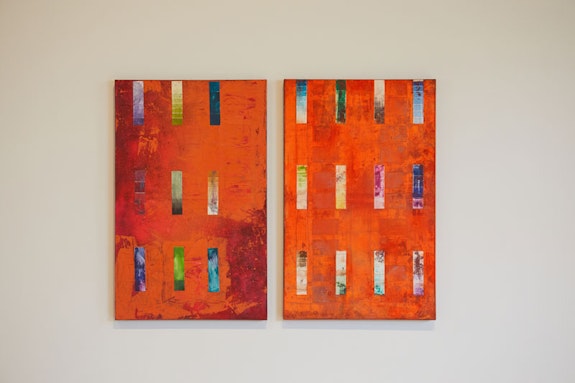 Left: Murray Hochman, <em>Untitled 12</em>, 2013. Aerosol paint and paint chips on canvas 46.5 x 29.5 inches. Right: Murray Hochman, <em>Untitled 11</em>, 2022. Aerosol paint and paint chips on canvas 58 x 42 inches. Courtesy KinoSaito. Photo: Chika Kobari.