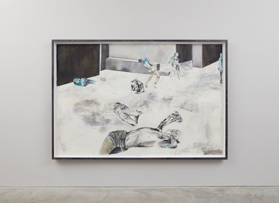 Wardell Milan, <em>A report from an unoccupied territory no. 1</em>, 2023. Charcoal, graphite, color pencil, gesso, acrylic, pastel, cut-and-paste paper on paper, 72 x 109 1/2 x 1 inches. Courtesy the artist and Sikkema Jenkins & Co.