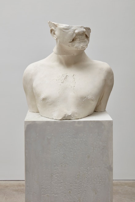 Wardell Milan, <em>Man (unknown), New York City</em>, 2022. Plaster, 17 1/2 x 17 x 15 inches, overall height with pedestal: 62.5 inches. Courtesy the artist and Sikkema Jenkins & Co.