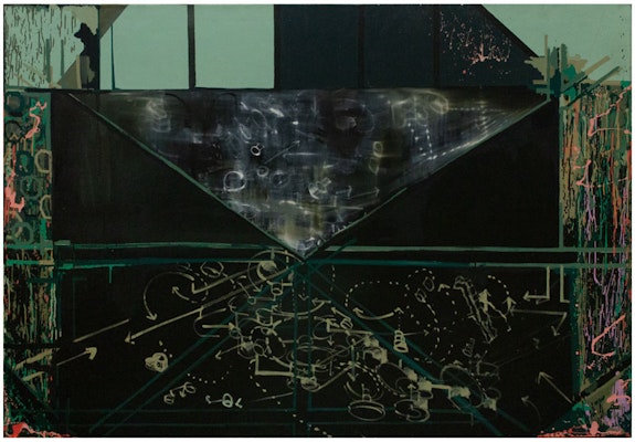 Lydia Dona, <em>States of Infiltration into the Real, the Lack, the Symbolic, and the Semiotic</em>, 1993. Oil, acrylic, and sign paint on canvas. 84 x 64 inches. Courtesy the artist.