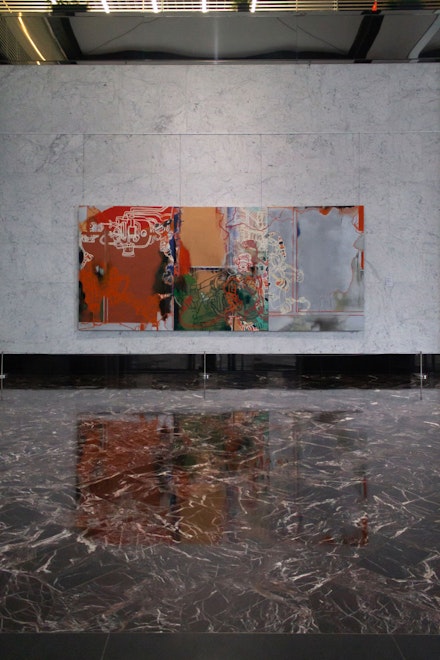Lydia Dona, <em>From Heat To Sub-Zero</em>, 2008. Oil, acrylic, copper, metallic silver paint, and enamel on canvas, 84 x 192 inches.