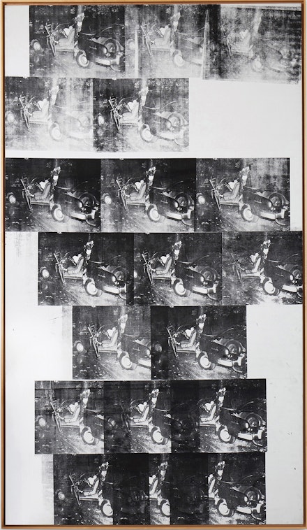 Andy Warhol, <em>White Disaster (White Car Crash 19 Times)</em>, 1963. Silkscreen ink and graphite on primed canvas, 144 ¾ x 82 ⅞ inches. © 2023 The Andy Warhol Foundation for the Visual Arts, Inc. / Licensed by Artists Rights Society (ARS), New York.