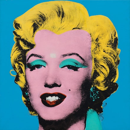 Andy Warhol, Shot Light Blue Marilyn, 1964. Acrylic and silkscreen ink on linen, 40 x 40 inches.© 2023 The Andy Warhol Foundation for the Visual Arts, Inc. / Licensed by Artists Rights Society (ARS), New York. Courtesy The Brant Foundation, Greenwich, CT.