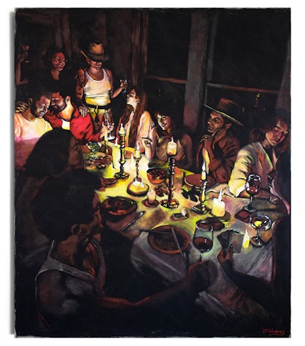 RF. Alvarez, <em>Dinner With The Phaeacians</em>, 2023. Acrylic on raw linen, 60 x 72 inches. Courtesy the artist and Alanna Miller. Photo: Daniel Greer.